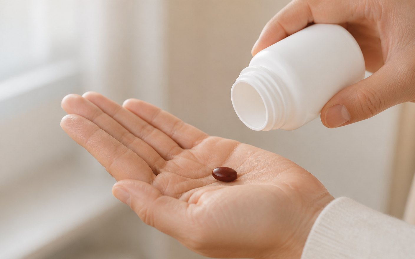 Hand holding a single oral iron supplement